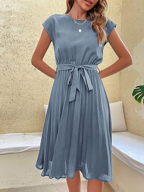 Women's Black Pleated Mini Dress - Cap Sleeve Tie Waist