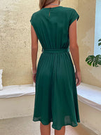 Women's Black Pleated Mini Dress - Cap Sleeve Tie Waist