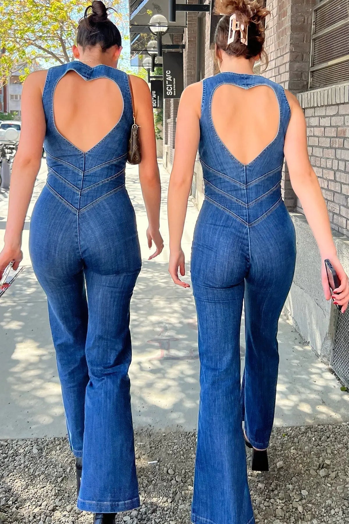 Aisha - Women's Plunge Neck Denim Flared Jumpsuit