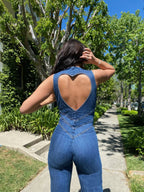 Aisha - Women's Plunge Neck Denim Flared Jumpsuit