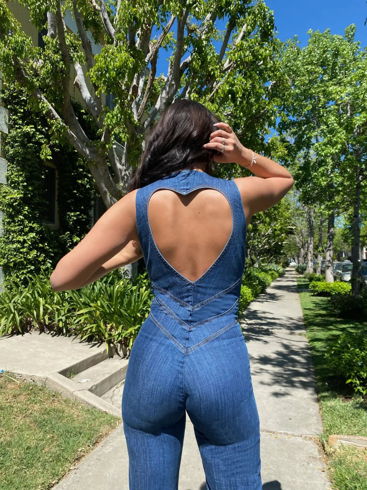 Aisha - Women's Plunge Neck Denim Flared Jumpsuit
