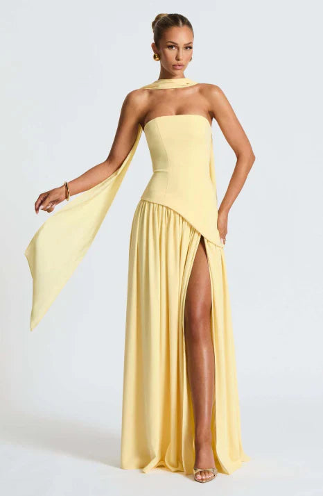 Sienna - Women's Strapless Flowy Maxi Dress with Side Slit