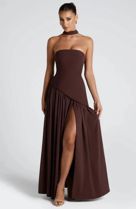 Sienna - Women's Strapless Flowy Maxi Dress with Side Slit