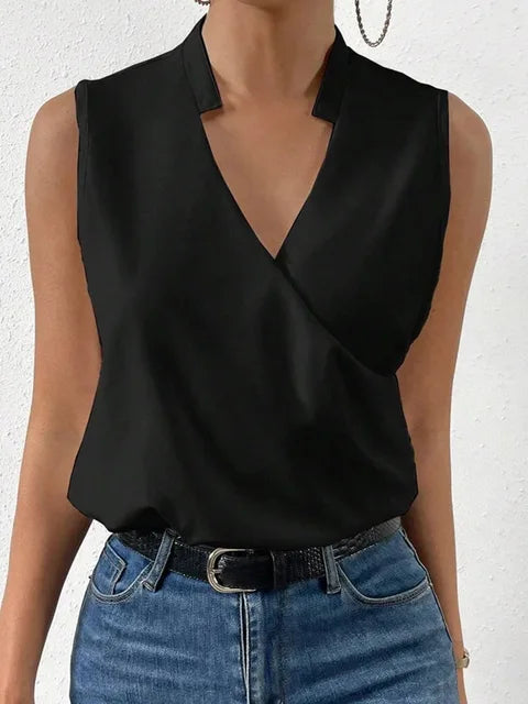 Women's Sleeveless Wrap V-Neck Blouse with Notched Collar