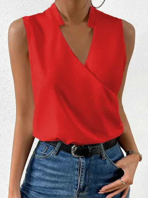 Women's Sleeveless Wrap V-Neck Blouse with Notched Collar