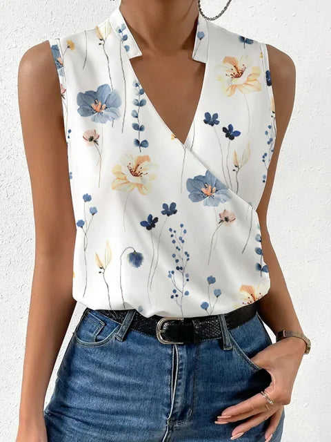 Women's Sleeveless Wrap V-Neck Blouse with Notched Collar