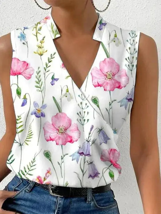 Women's Sleeveless Wrap V-Neck Blouse with Notched Collar