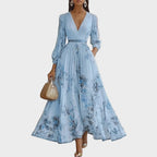 Greta - Women's Pleated V-Neck Long Sleeve Maxi Dress