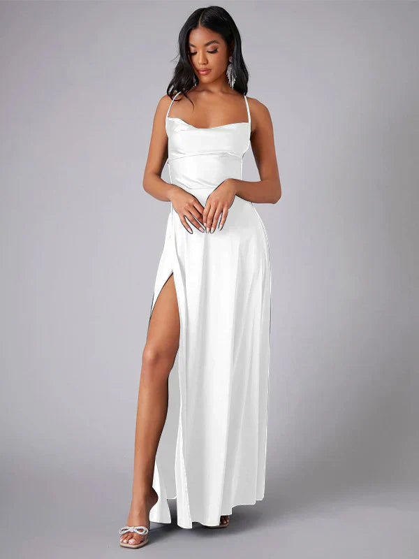 Alma - Women's Satin Cowl Neck Side Slit Maxi Dress