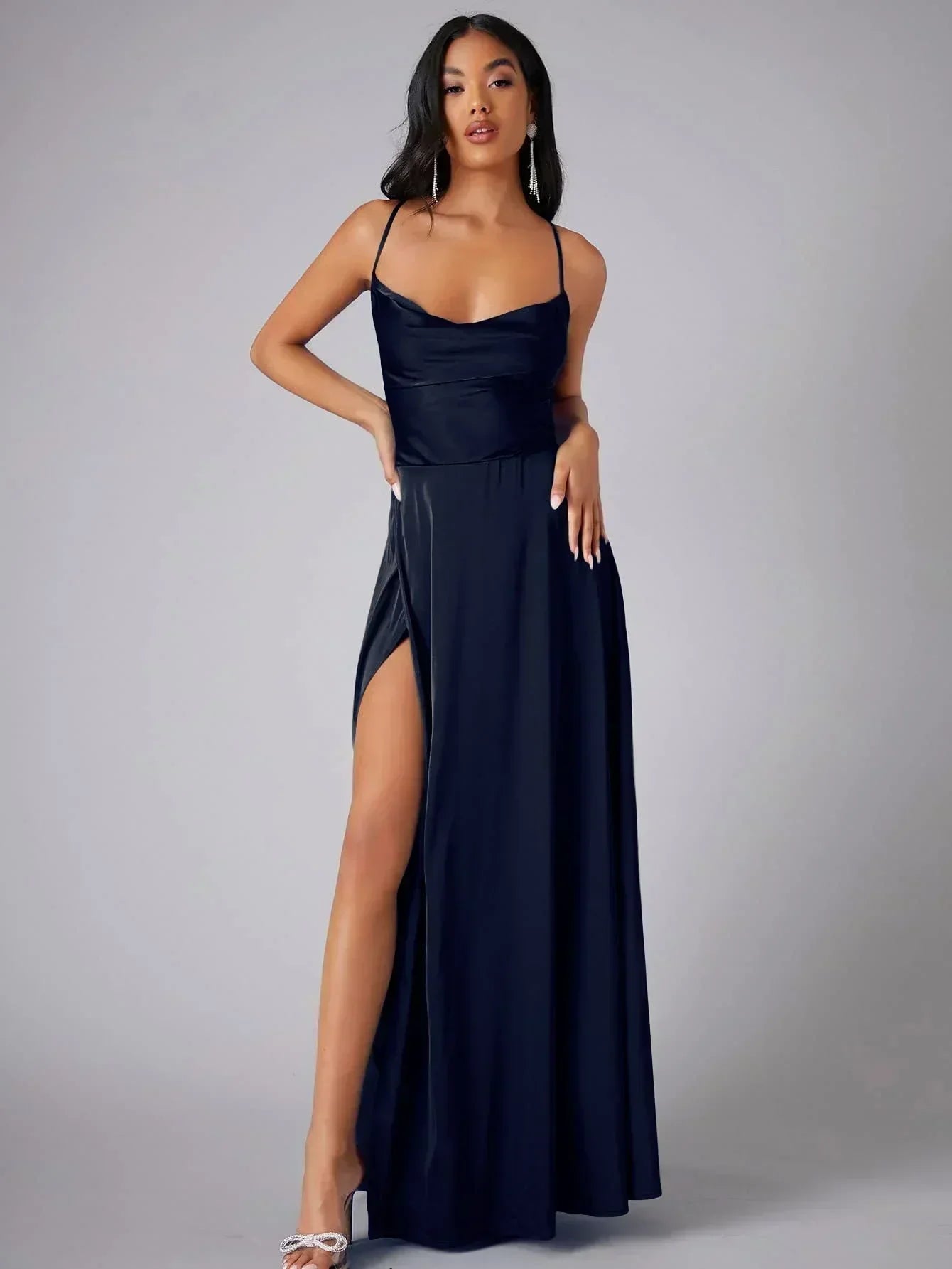 Alma - Women's Satin Cowl Neck Side Slit Maxi Dress
