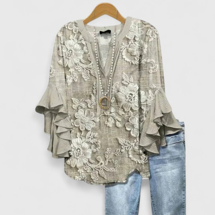 Women's Floral Print Blouse - Ruffled Bell Sleeves Cream