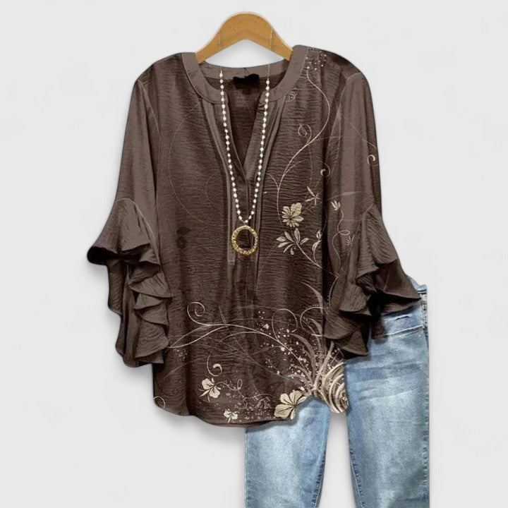 Women's Floral Print Blouse - Ruffled Bell Sleeves Cream