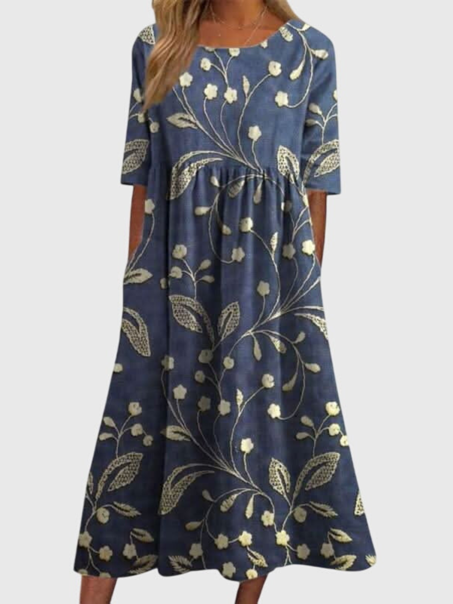 Women's Navy Floral Print Midi Dress - Short Sleeve