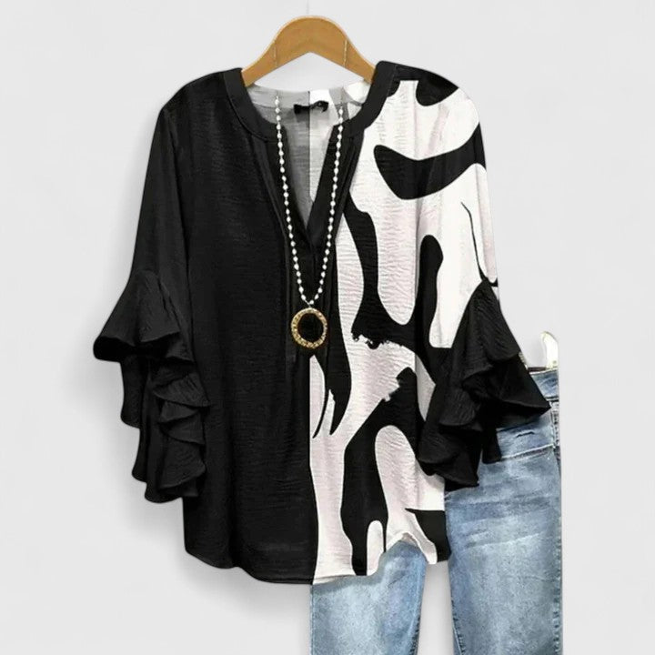 Women's Floral Print Blouse - Ruffled Bell Sleeves Cream