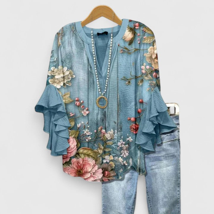 Women's Floral Print Blouse - Ruffled Bell Sleeves Cream