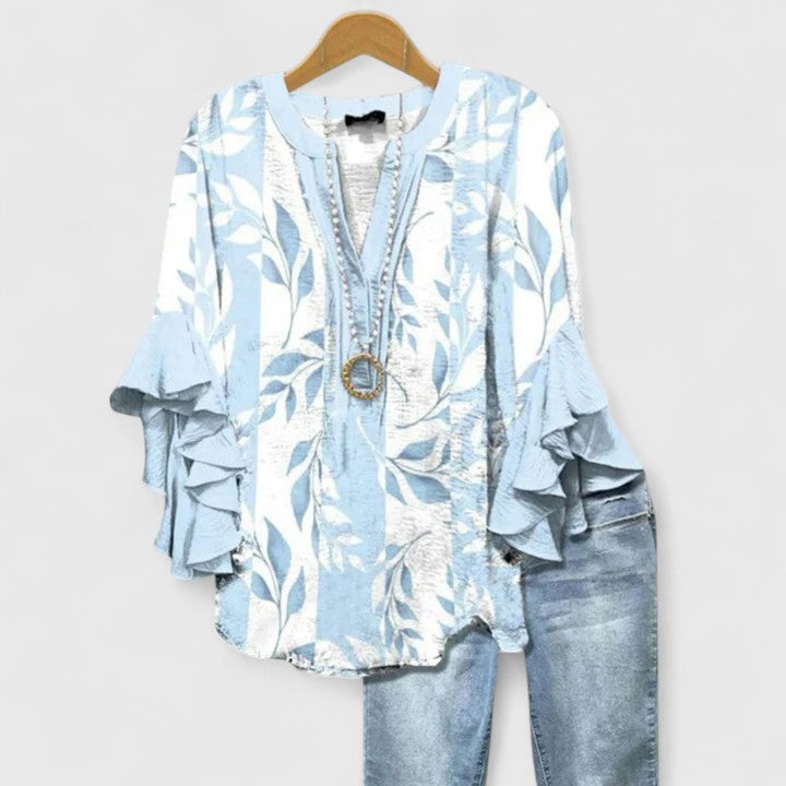 Women's Floral Print Blouse - Ruffled Bell Sleeves Cream
