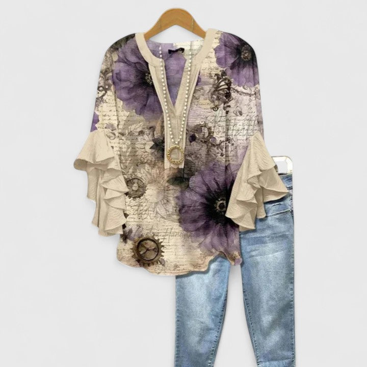 Women's Floral Print Blouse - Ruffled Bell Sleeves Cream