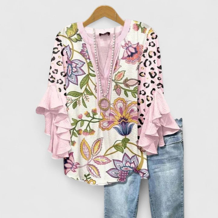 Women's Floral Print Blouse - Ruffled Bell Sleeves Cream