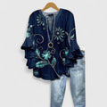 Women's Floral Print Blouse - Ruffled Bell Sleeves Cream