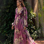 Women's Purple Floral Maxi Dress - V-Neck Long Puff Sleeve