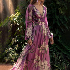 Women's Purple Floral Maxi Dress - V-Neck Long Puff Sleeve