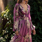 Women's Purple Floral Maxi Dress - V-Neck Long Puff Sleeve