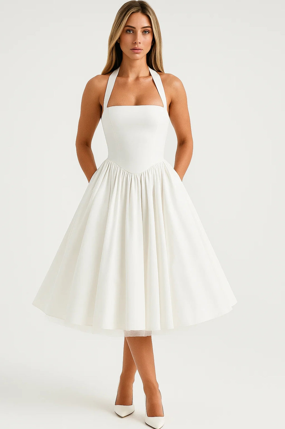 Women's White Halter Midi Dress - Full Skirt Open Back