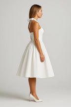 Women's White Halter Midi Dress - Full Skirt Open Back