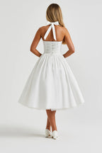 Women's White Halter Midi Dress - Full Skirt Open Back