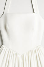 Women's White Halter Midi Dress - Full Skirt Open Back