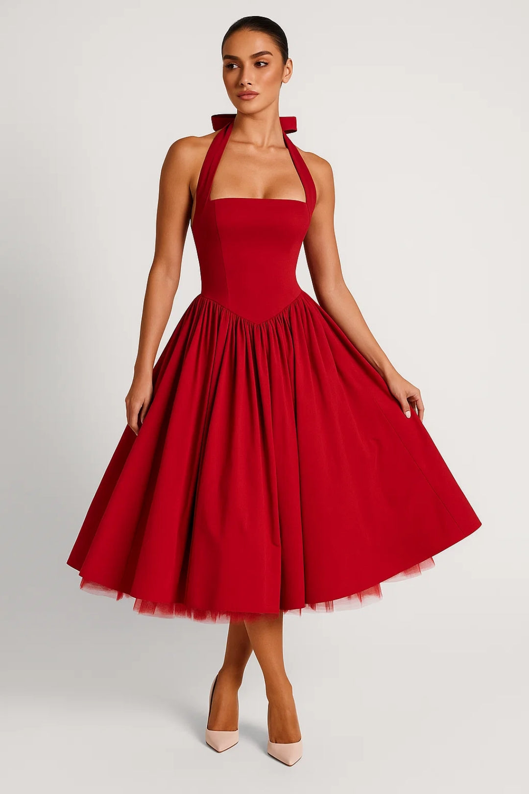 Women's White Halter Midi Dress - Full Skirt Open Back