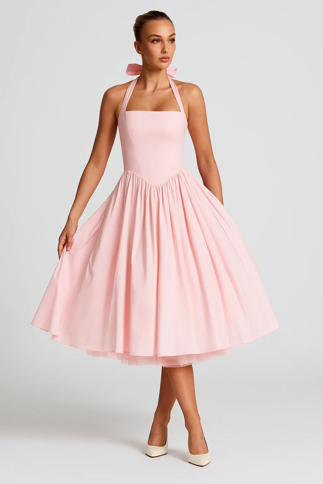 Women's White Halter Midi Dress - Full Skirt Open Back