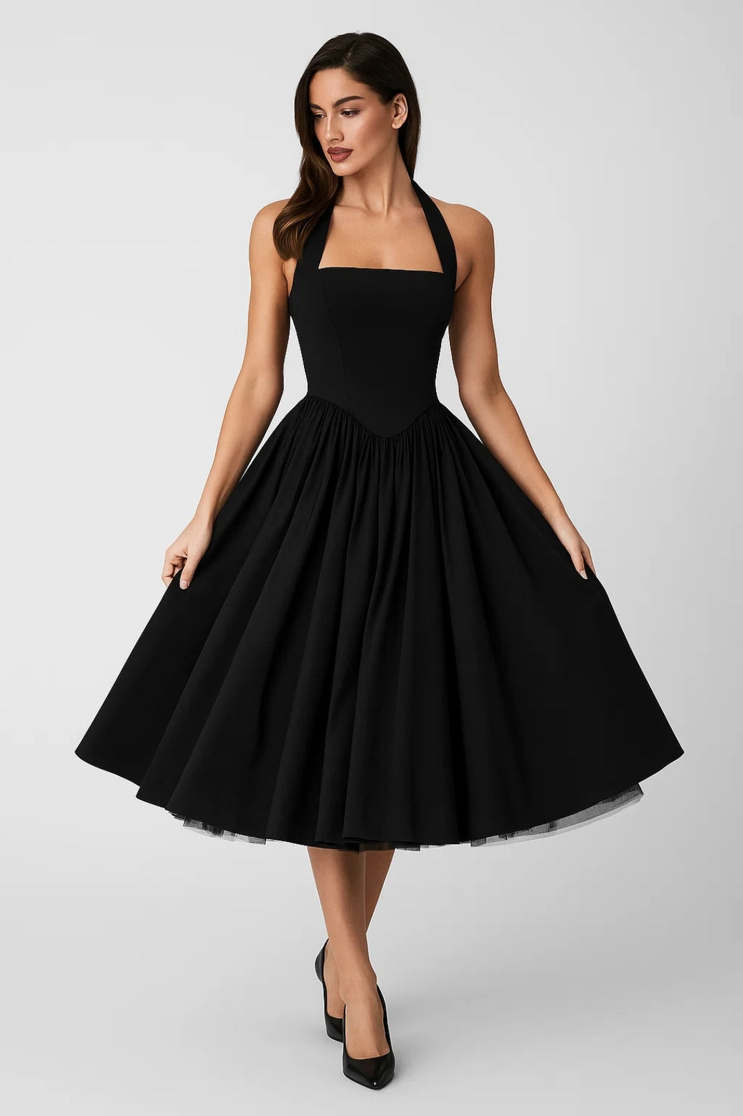 Women's White Halter Midi Dress - Full Skirt Open Back
