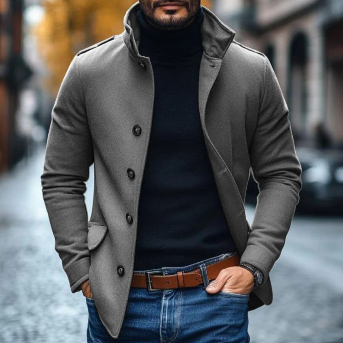 Romeo - Men's Wool-Blend Funnel-Collar Coat