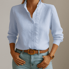 Women's Light Blue Ruffle Placket Blouse - Stand Collar Long Sleeve