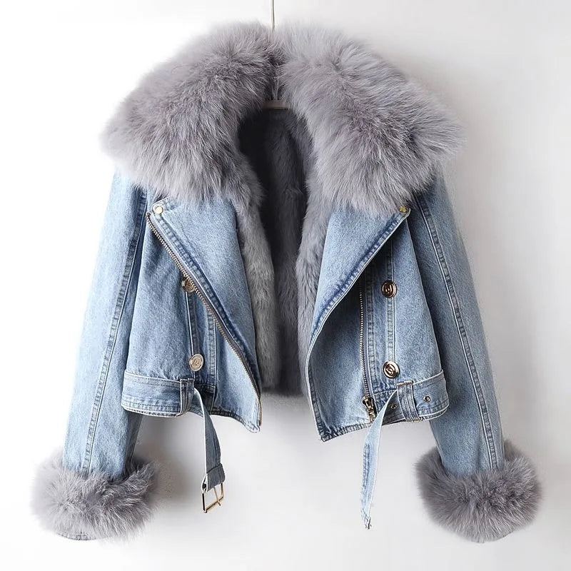 Margaux - Women's Fur-Trimmed Cropped Denim Coat