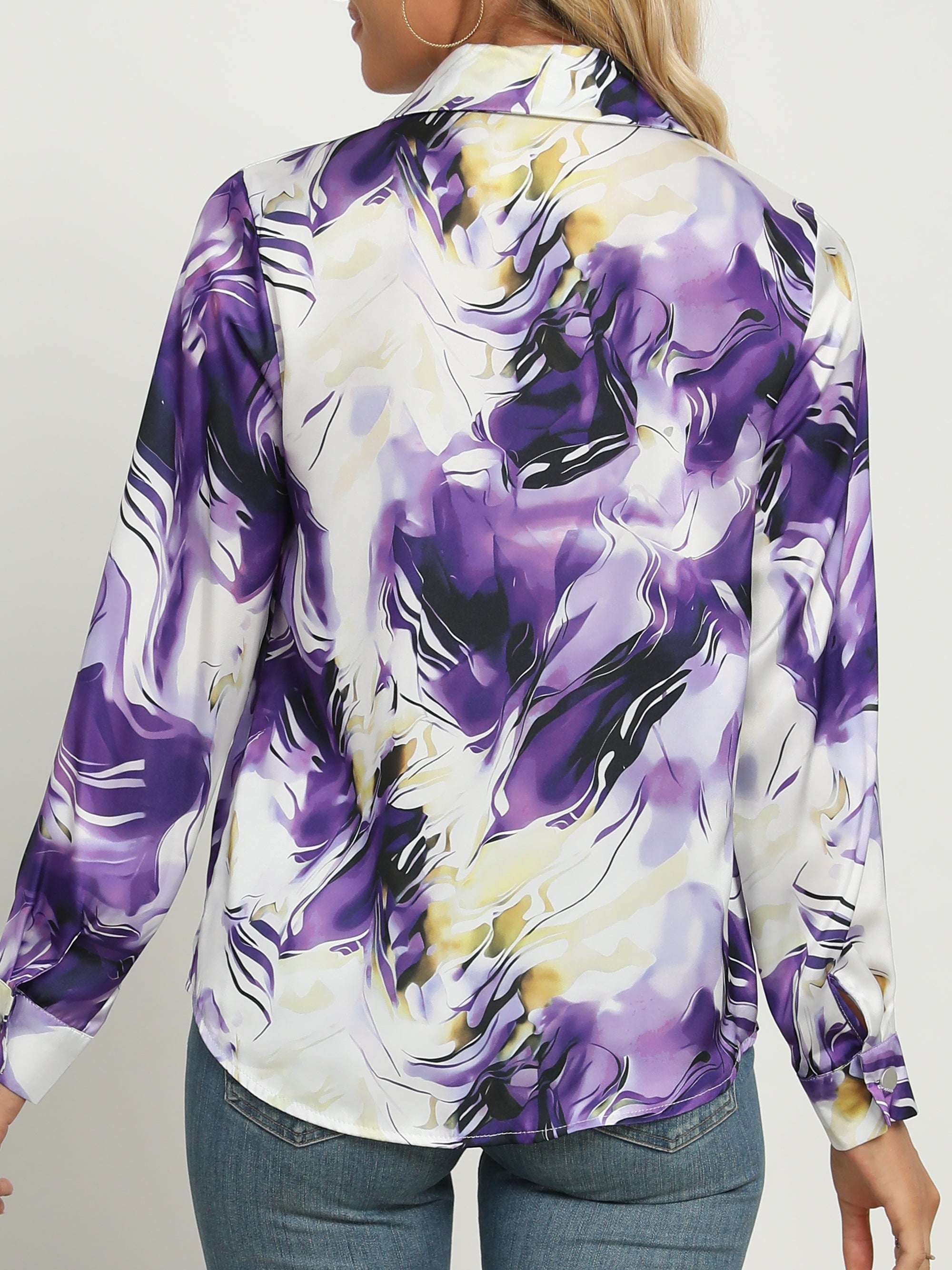 Women's Pink Marble Print Satin Shirt - Classic Collar Long Sleeve