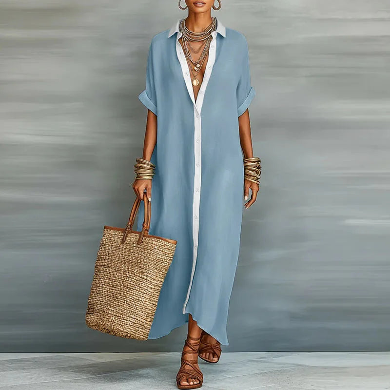 Women's Sage Linen Shirt Maxi Dress - Contrast Placket