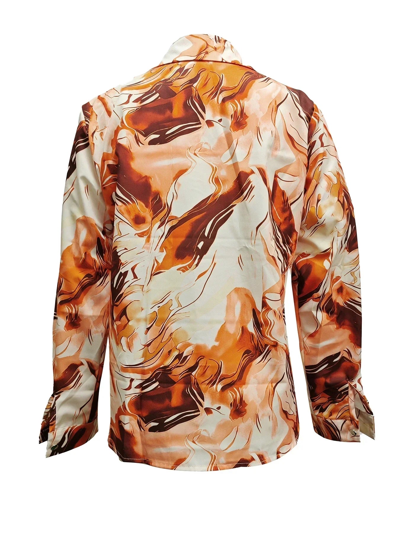 Women's Pink Marble Print Satin Shirt - Classic Collar Long Sleeve