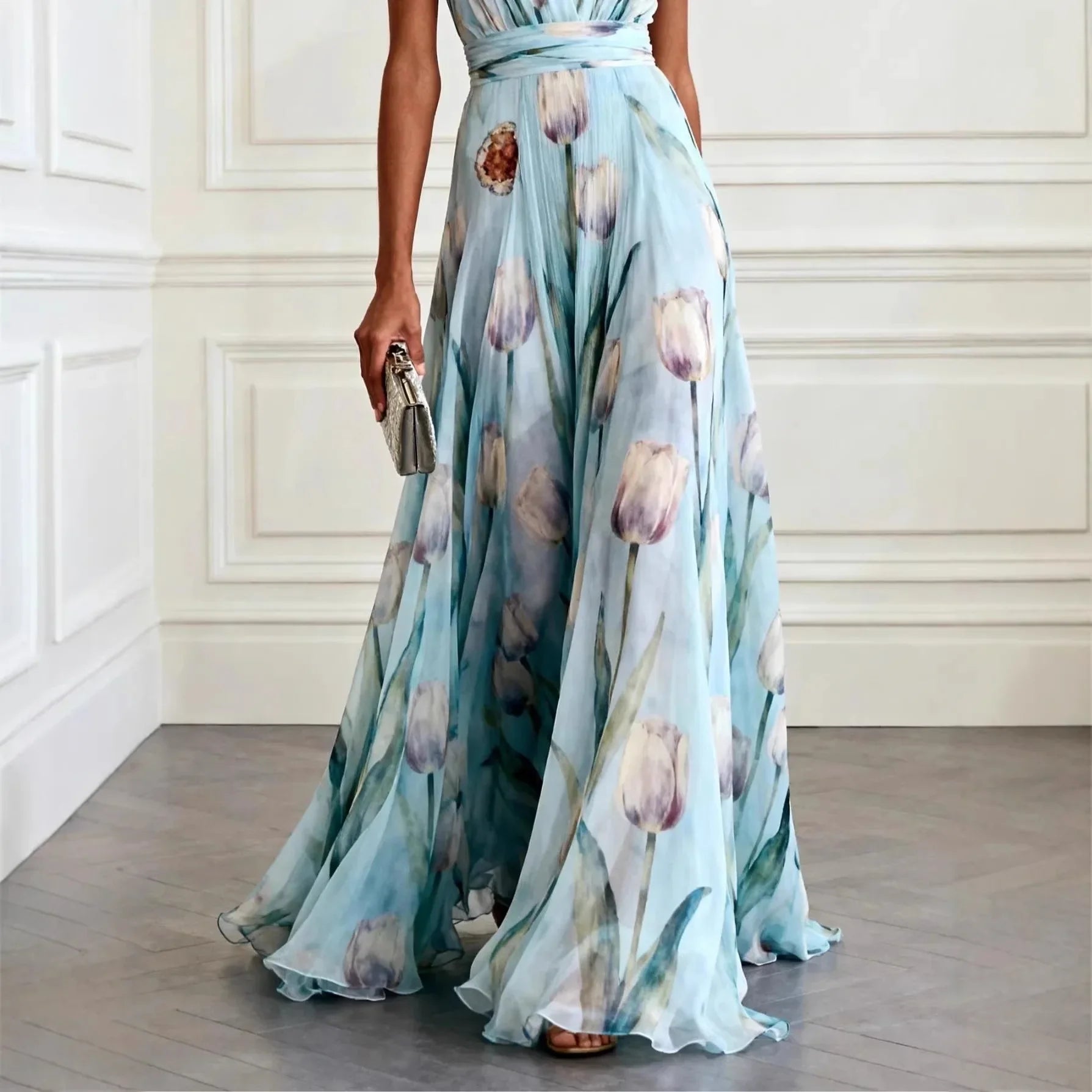 Women's Blue Tulip Print Chiffon Maxi Gown - V-Neck
