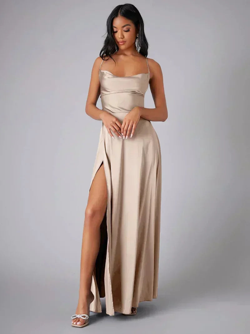 Alma - Women's Satin Cowl Neck Side Slit Maxi Dress