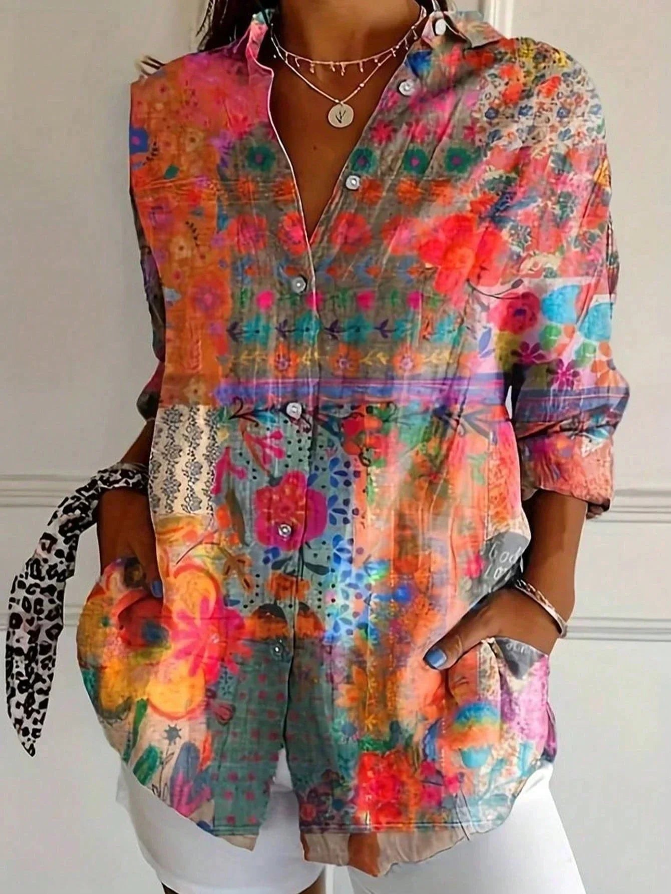 Women's Colorful Print Blouse - Playful Pattern Long Sleeve Blouse