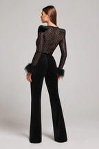 Alessia - Women's Velvet Flared Jumpsuit with Feather Cuffs