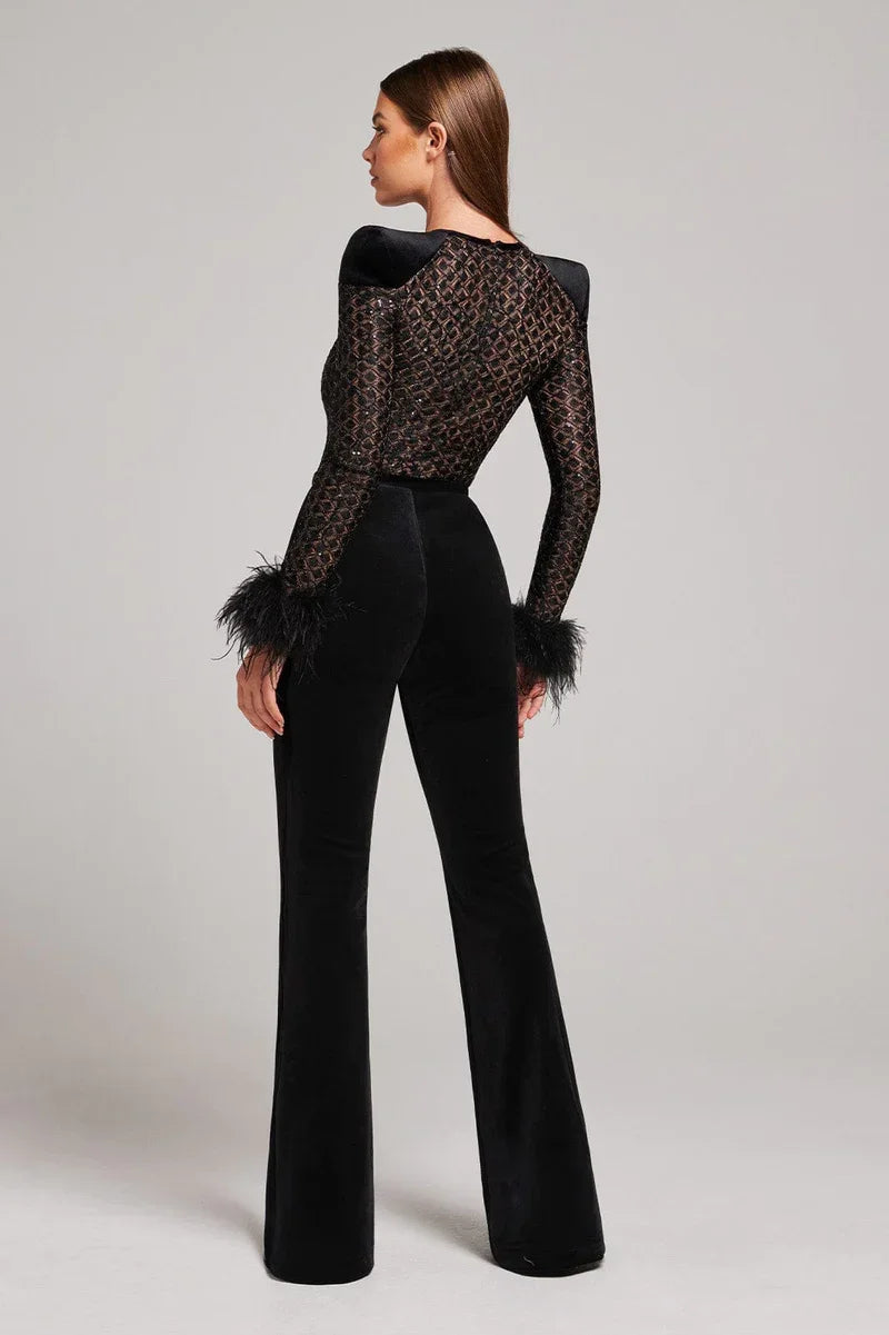 Alessia - Women's Velvet Flared Jumpsuit with Feather Cuffs