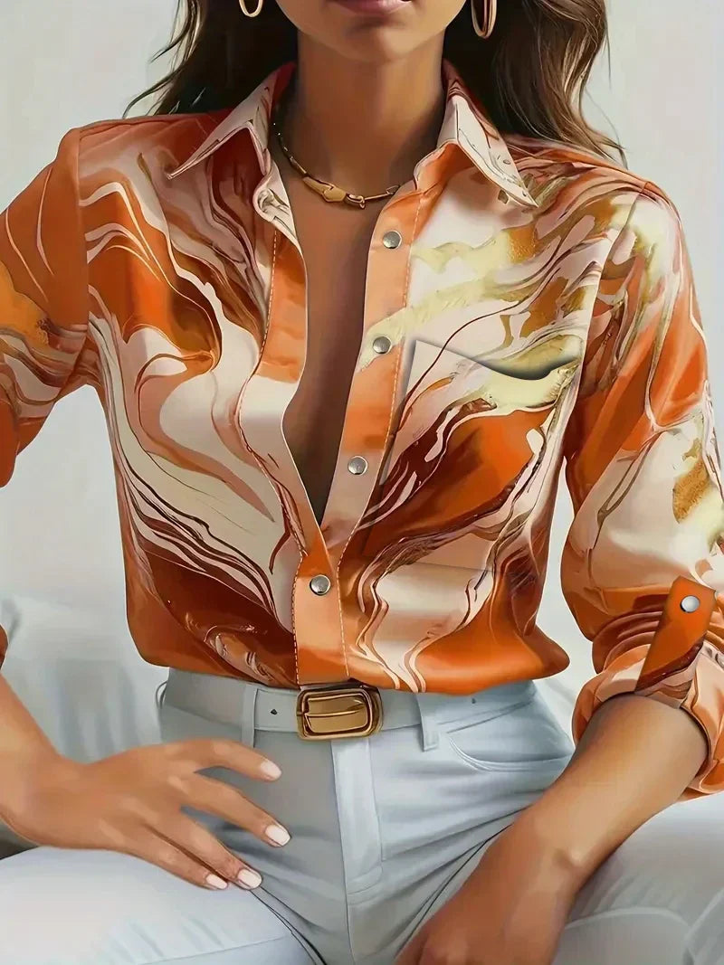 Women's Pink Marble Print Satin Shirt - Classic Collar Long Sleeve