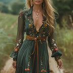 Women's Bohemian Embroidered Maxi Dress with Belt - Teal