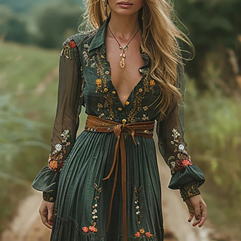 Women's Bohemian Embroidered Maxi Dress with Belt - Teal