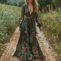 Women's Bohemian Embroidered Maxi Dress with Belt - Teal