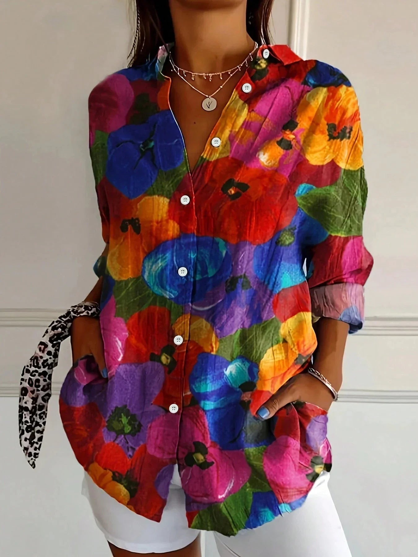 Women's Colorful Print Blouse - Playful Pattern Long Sleeve Blouse