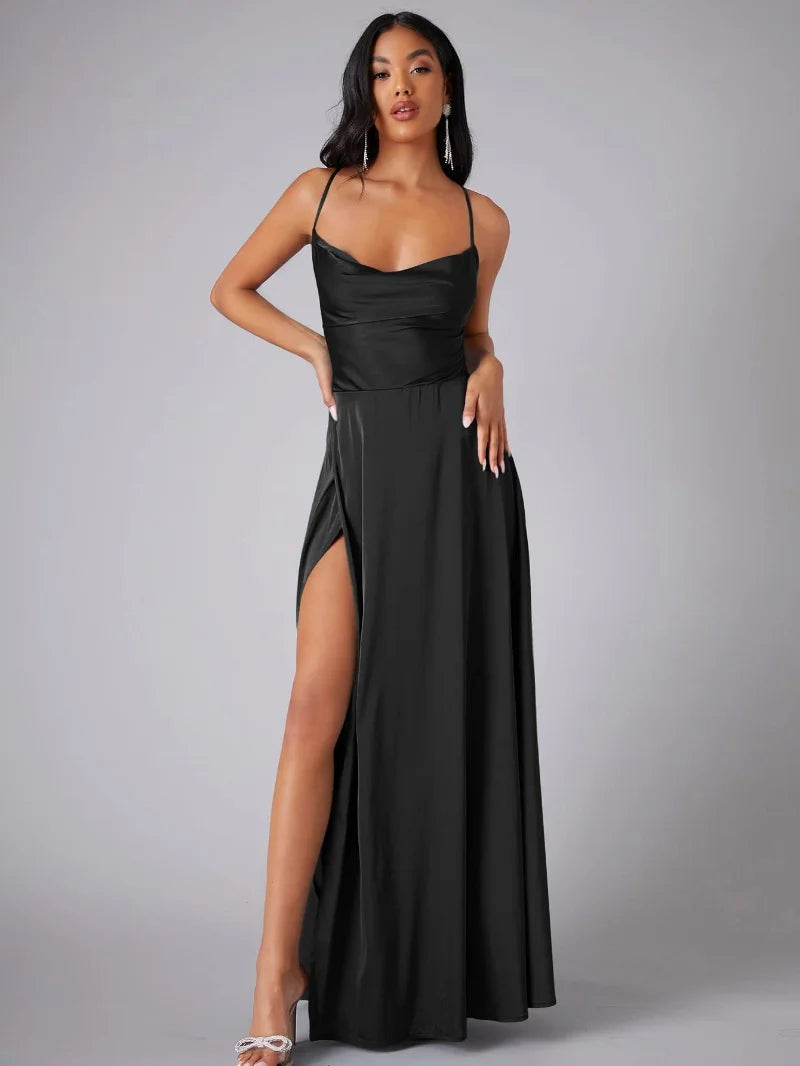 Alma - Women's Satin Cowl Neck Side Slit Maxi Dress